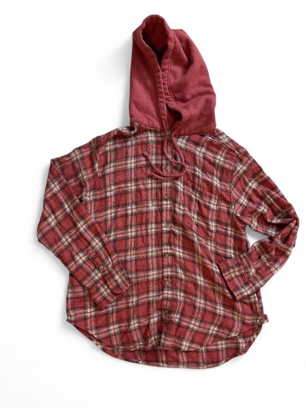 American Eagle Outfitters Pink Plaid Hooded Button-Up Shirt